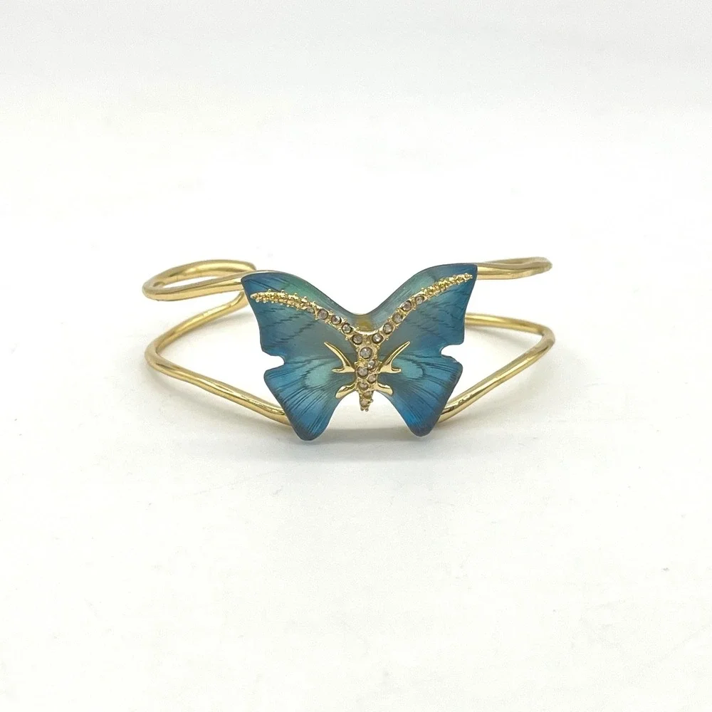 Alexis Bittar Gold Tone Blue Lucite Butterfly Crystal Cuff Bracelet